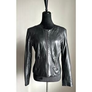 La Fee Maraboutee Women's Cut Black Goatskin Leather Moto Full Zip Jacket Size M